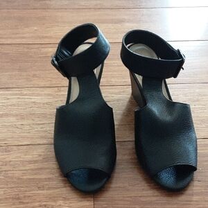Kaari Blue Black Open-Toe Ankle-Strap Block Heels
